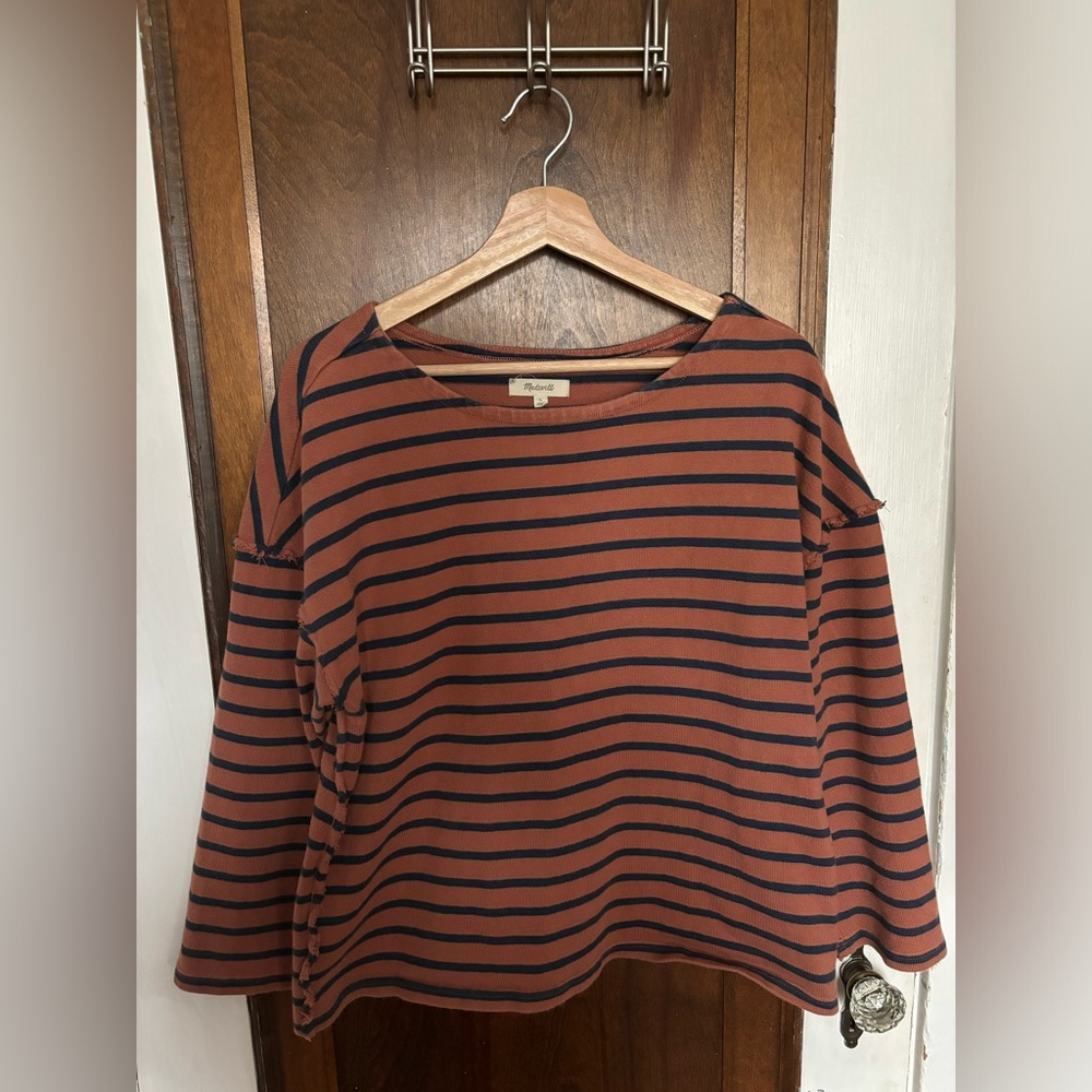 Madewell Orange/Navy Casler Stripe Luxe Long Sleeve Tee Sweater